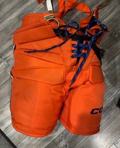 Senior XL CCM HPG 14A Hockey Goalie Pants Pro Stock (Used) orange, with cream and royal blue stripes