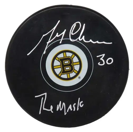 Gerry Cheever Autographed Boston Bruins Puck with "The Mask" Inscription, And COA