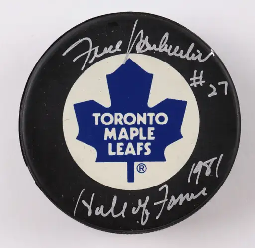 Frank Mahovlich Signed Maple Leafs Hockey Puck Inscribed With HOF 1981, And COA
