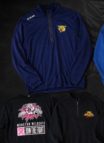 (L/XL) x6 Moncton Wildcats QMJHL Team-Issued Apparel Bundle – Hoodies, Quarter-Zips, T-Shirts