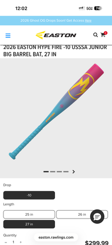 2026 Easton Hype Fire Composite USSSA Certified Bat (-10) 17 oz 27" (Used)