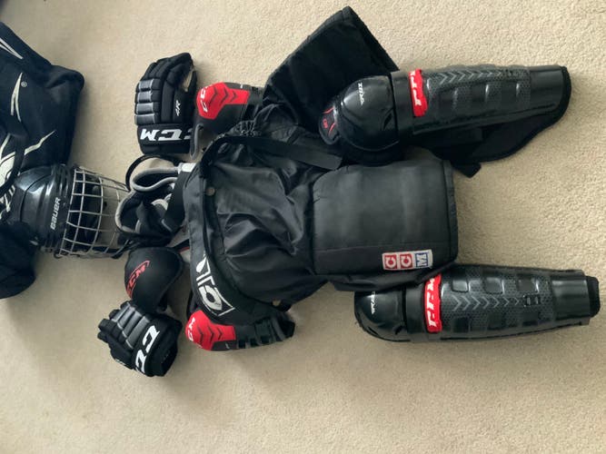 Youth Helmet shoulder pads pants elbow pads shin guards gloves and bag