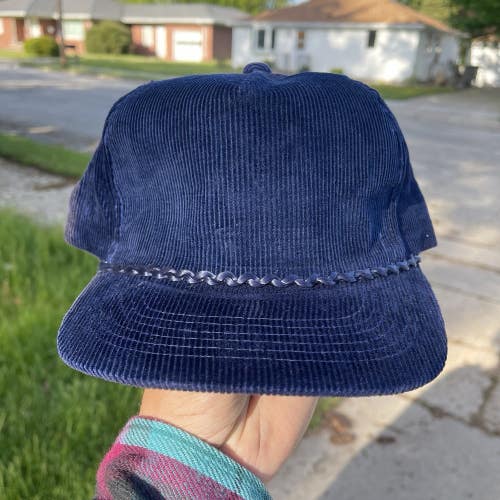 Vintage Youngan Hat Blue Blank Corduroy Snapback Cap Plain Solid Rope Korea Fade