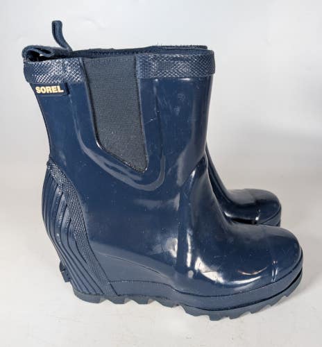 Sorel Joan Rain Boots Women's Size: 6 Blue Rubber Chelsea Hidden Wedge Booties