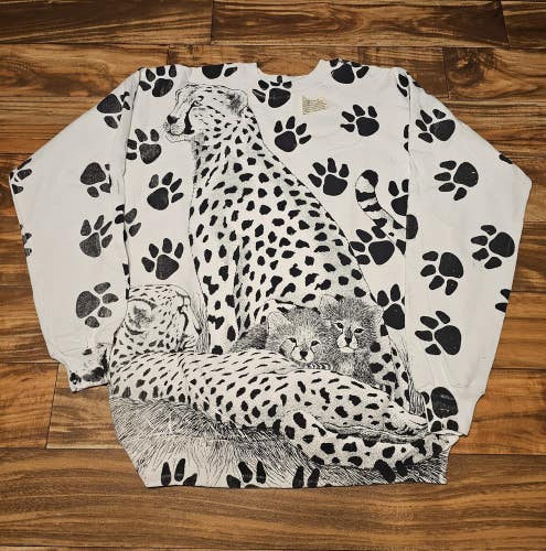 Vintage 1990s Cheetah Leopard All Over Print Nature Sweatshirt Made In USA Sz XL