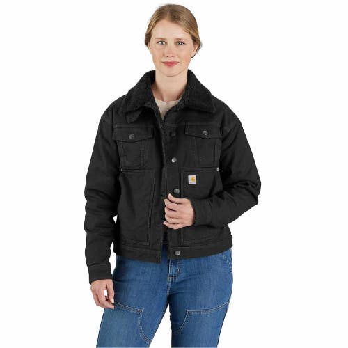 Carhartt Rugged Flex Jacket Women XL Black Canvas Sherpa Lined Loose Fit POSH111