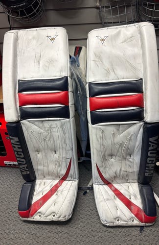 36" + 2" Vaughn Velocity V5 (Used) White Senior Goalie Leg Pads ice hockey goal pad pro stock