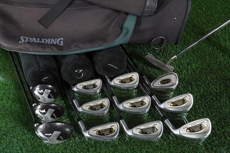 Men's 17pc. Spalding Tour Impact Golf Set 3-PW,SW,1W,3W,5W-Putter, Covers, Bag!