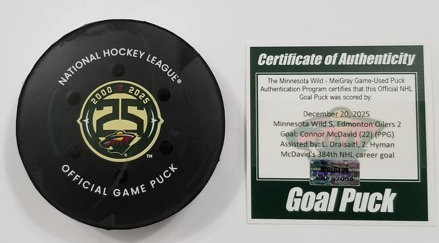12-20-25 CONNOR McDAVID Edmonton Oilers at Minnesota Wild Game Used GOAL Puck