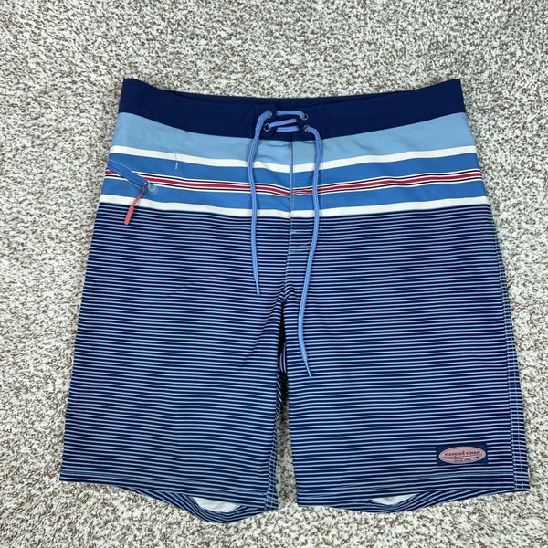 Vineyard Vines Board Shorts Mens 32 Blue Stripe Stretch Zip Pocket Swim Trunks