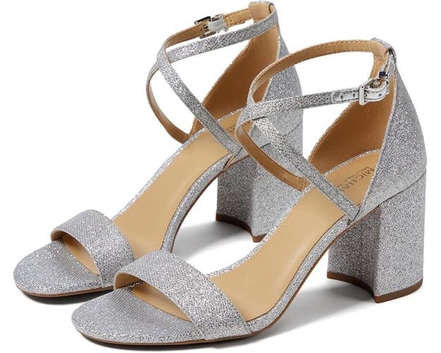 Michael Kors Sophie Flex Sandals Women's 6 Silver Ankle Strap Block Heel KHD2314
