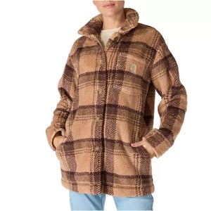 Carhartt Coat Women's Taupe Plaid Plush Fleece Loose Fit Button Front JAX1438