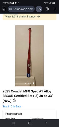 2025 Combat MFG Spec A1 Alloy BBCOR Certified Bat (-3) 31 oz 33" (New)
