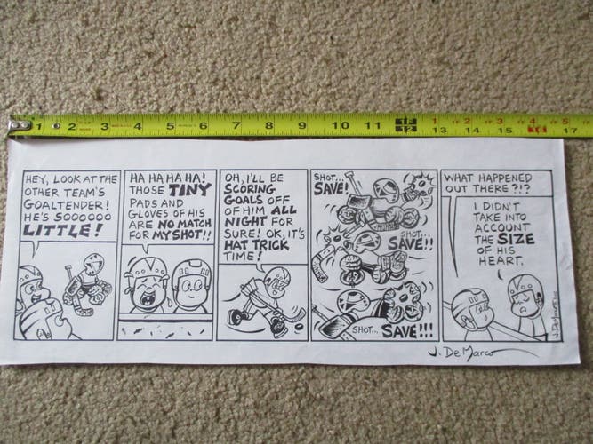Cute Goalie Small Saves Original Comic Strip Signed Art Titled "Little Goalie."