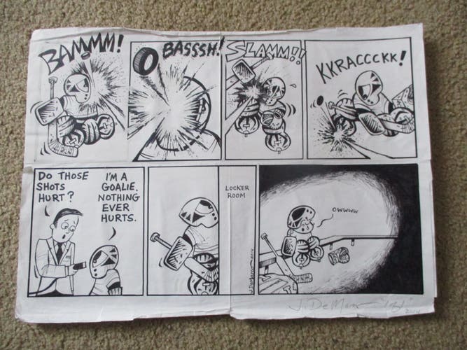 Original Art Small Saves Hockey Goalie Comic strip Cartoon Nothing Ever Hurts