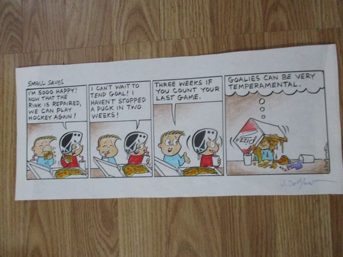 Original Signed Art Funny Small Saves Hockey Humor Goalie Stopped a Puck in Weeks