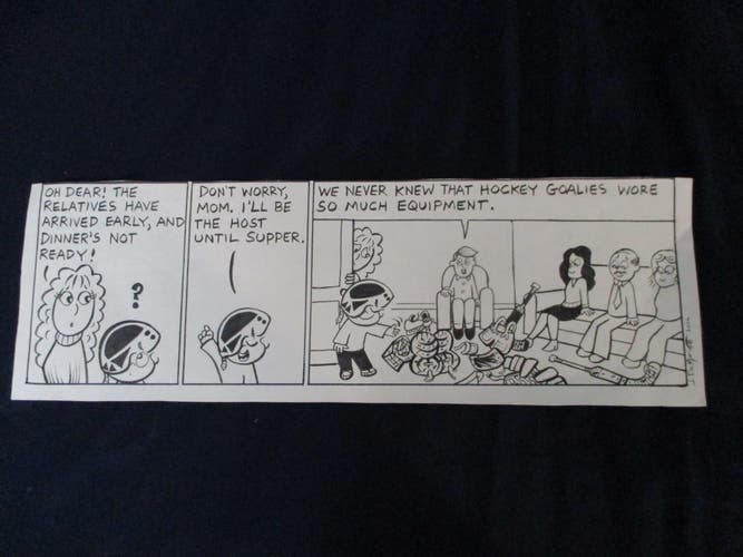 Original Signed Art Small Saves Showing Hockey Goalie Pads Gloves Stick Dinner Host Cartoon