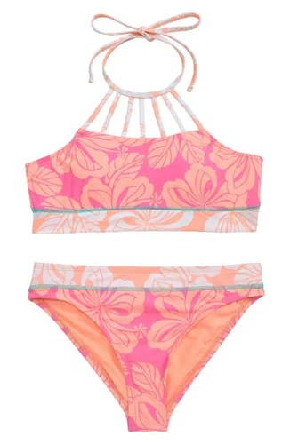 Hobie Honolulu Honey Two-Piece Swimsuit Kids 16 Pink Tropical Swimwear JDM1218