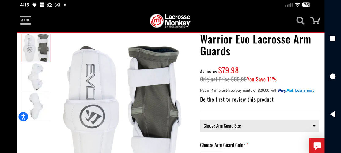 Adult Warrior Evo Arm Guards (New) Medium