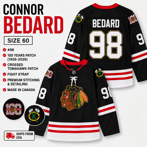 Connor Bedard Chicago Blackhawks Jersey Black SZ 60 #98 100 Year Patch