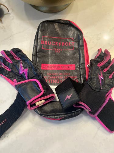 Bruce Bolt Premium Pro Long Cuff Creator Series Batting Gloves – Black / Hot Pink (Adult Small, Used