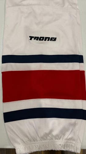 Tron SK300 24" Dry fit White/Navy/red, Wave knit and mesh 2 Sewn-in Velcro straps per sock. $14.99