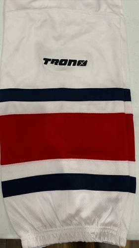 Tron SK300 30" Dry fit White/Navy/red, Wave knit and mesh 2 Sewn-in Velcro straps per sock. $14.99