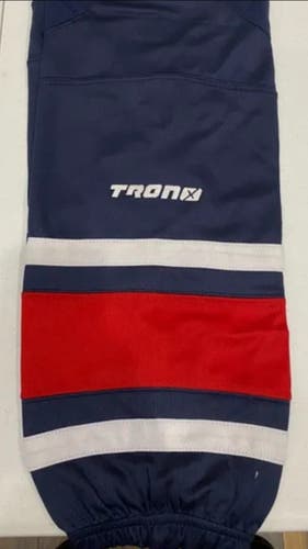 Tron SK300 24" Dry fit Thick Stripe Navy/Red/White  2 Sewn-in Velcro straps per sock. $14.99