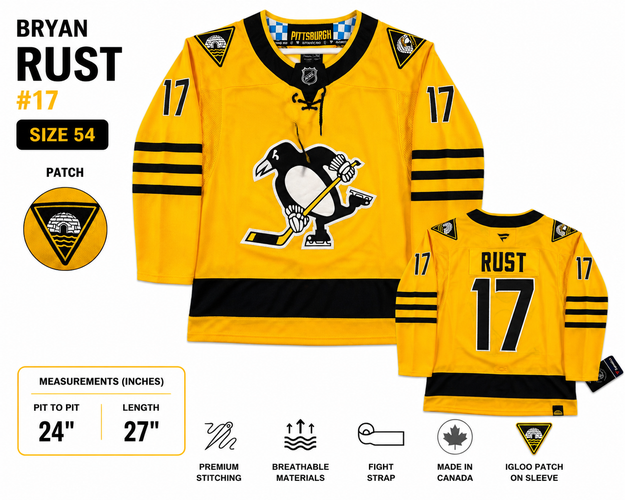 Bryan Rust Pittsburgh Penguins Hockey Jersey Yellow Size 54 #17 Igloo Patch NWT