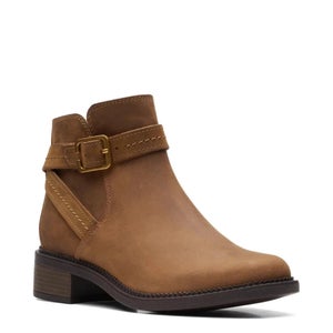 Clarks Maye Boots Women's US 9.5 Dark Tan Leather Ankle Strap Booties LION597