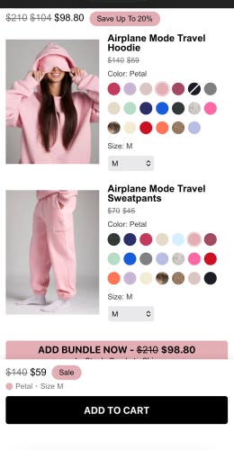 Comfrt Brand Travel Airplane Set Pink Women's Medium Sweatshirt/Small Sweatpants (New)