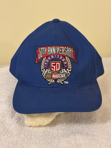 Vintage Nascar Snapback Hat Checkered Flag 50th Anniversary 1948-1998 Blue