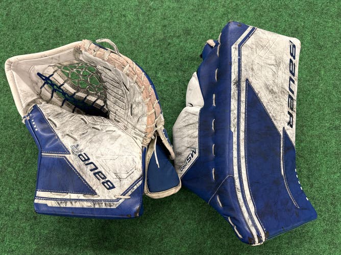 Blue & White Senior Bauer M5 Pro Goalie Glove & Blocker Set Regular (Used)
