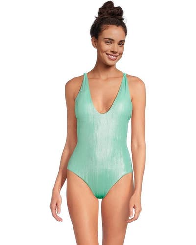 BECCA Oragami Swimsuits Women's Large Aqua Sea Textured Knotted One Piece NWO59