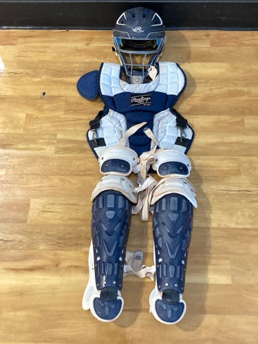 Used Senior Rawlings Catcher's Set | Mach Helmet, Velo2 Chest Protector, Velo Shin Guards