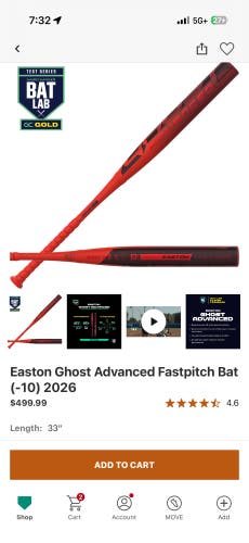 2026 Easton Ghost Advanced Composite Bat (-10) 23 oz 33" (New)
