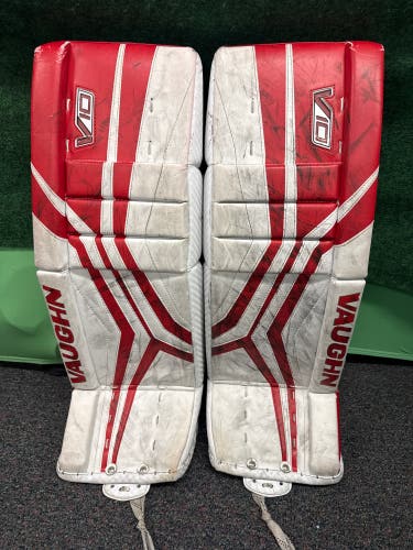 Red & White Junior Vaughn Velocity V10 Goalie Leg Pads (Used) | 28" + 2"