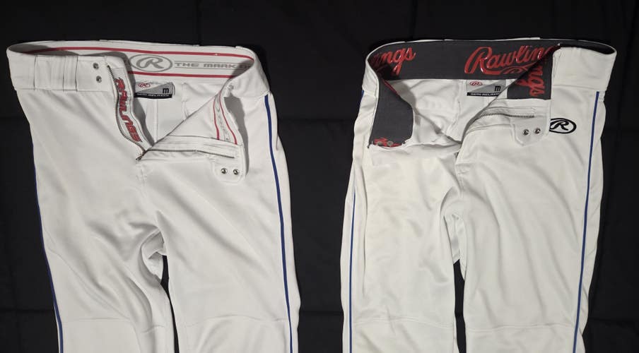 Rawlings Pro Baseball Pants - 2 Pair - Semi Relaxed Fit - Mens M (Used) - White w/Blue Piping