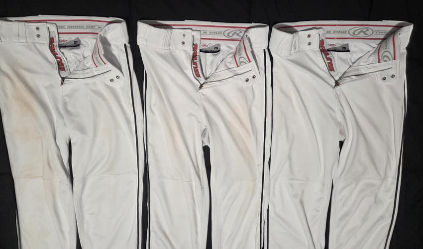 Rawlings Pro Baseball Pants - Semi Relaxed Fit - 3 Pair - Mens M (Used) - White w/Black Piping