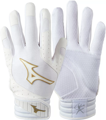 New Mizuno Finch Bb Sb Batting Gloves White And Gold Xs 11851-miz3304270074xs