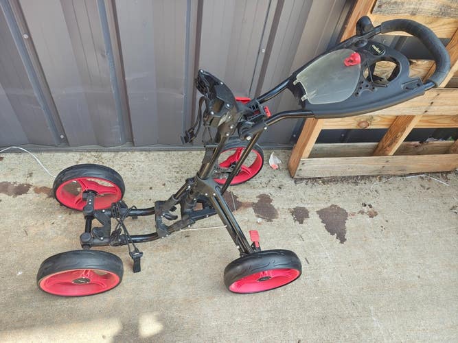 Caddymatic 4 Wheel Collapsible Golf Push Cart Black/Red w umbrella holder