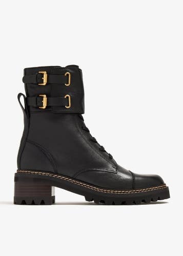See by Chloe Mallory Combat Boots Womens 5 Black Leather Side Zip Ankle JOBB1084