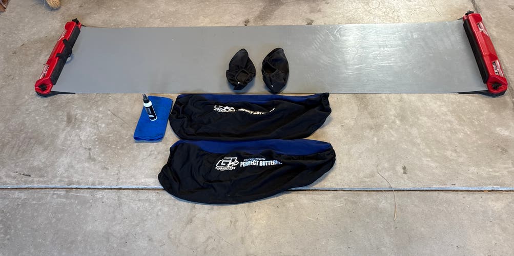 HOCKEYSHOT Goalie and Shooting Slide Board with Goalie Leg Pad and Foot Booties