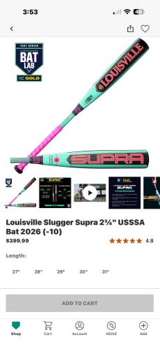 2026 Louisville Slugger Supra Starship USSSA Certified Bat (-10) 20 oz 31" (Used)