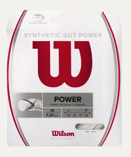 FIVE (5X) SETS: WILSON SYNTHETIC GUT POWER 16 WHITE SYNTHETIC GUT TENNIS STRINGS
