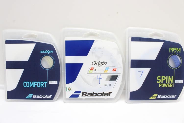 THREE (3X) SETS MIX OF BABOLAT TENNIS STRINGS (ORIGIN, RPM POWER, ADDIXION)