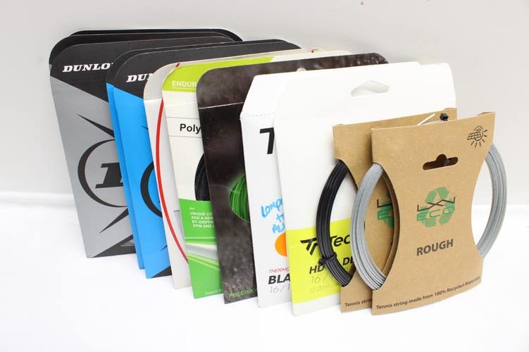 MIX OF TWELVE (12) SETS OF TENNIS STRINGS (LUXILON, TECNIFIBRE, PRINCE, WILSON)