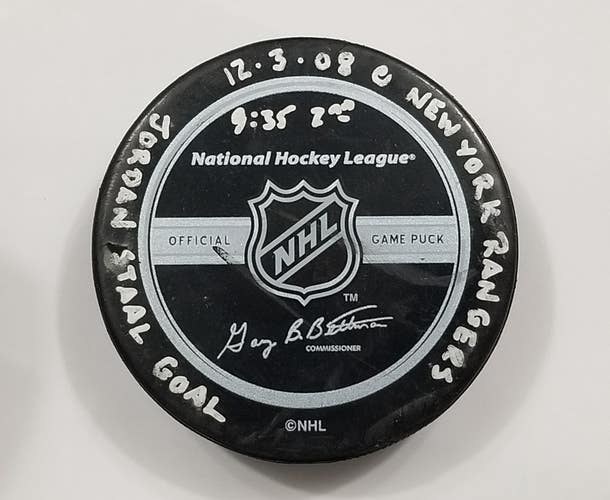 12-3-08 JORDAN STAAL Pittsburgh Penguins Ranger NHL Game Used GOAL PUCK Cup Year