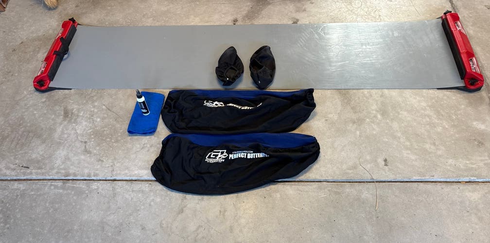HOCKEYSHOT Goalie and Shooting Slide Board with Goalie Leg Pad and Foot Booties