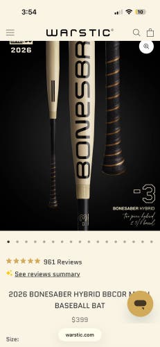 2026 Warstic Bonesaber Hybrid BBCOR Certified Bat (-3) 27 oz 30" (New)
